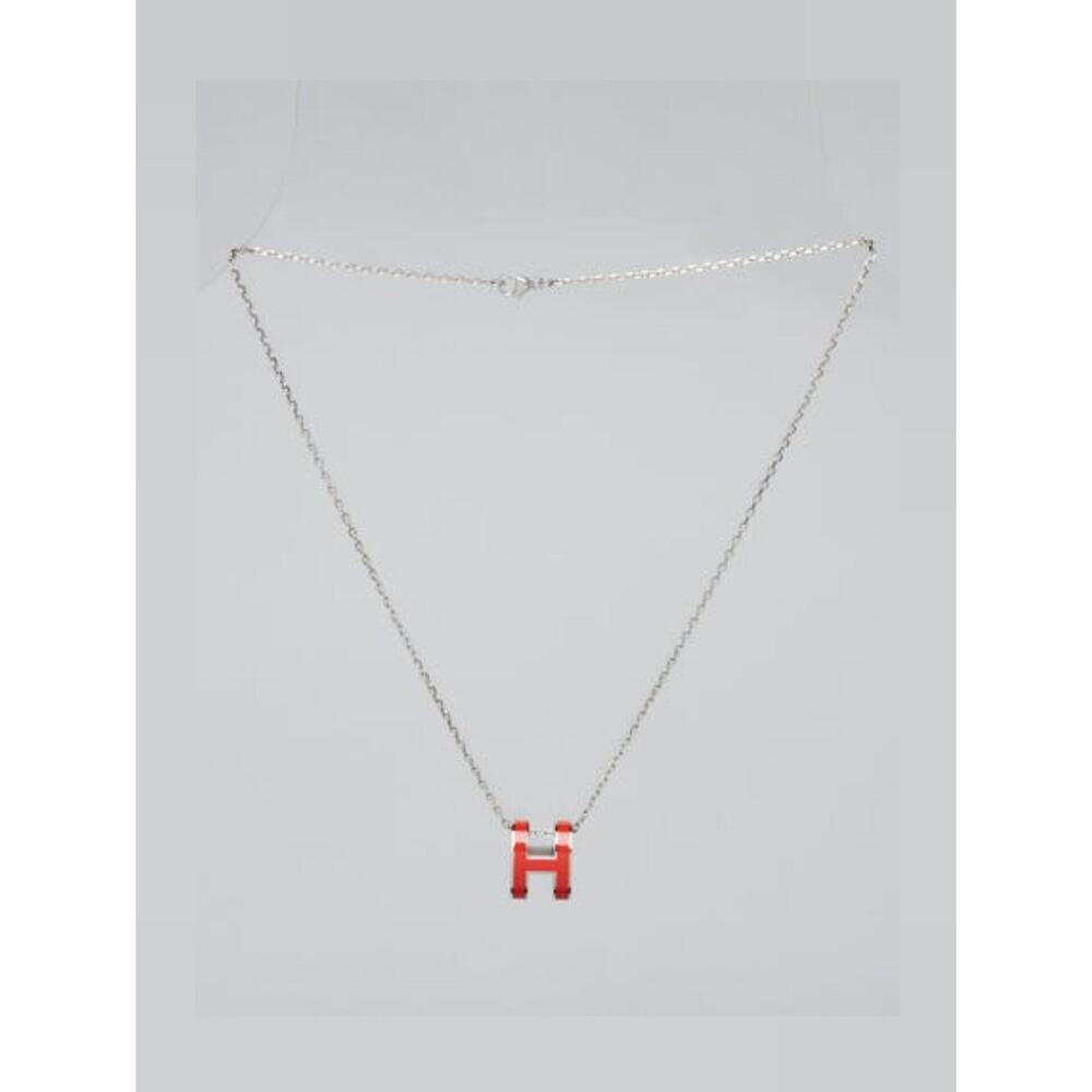 Hermes Red Enamel and Palladium Plated Pop H Pendant Necklace - Picture 3 of 14